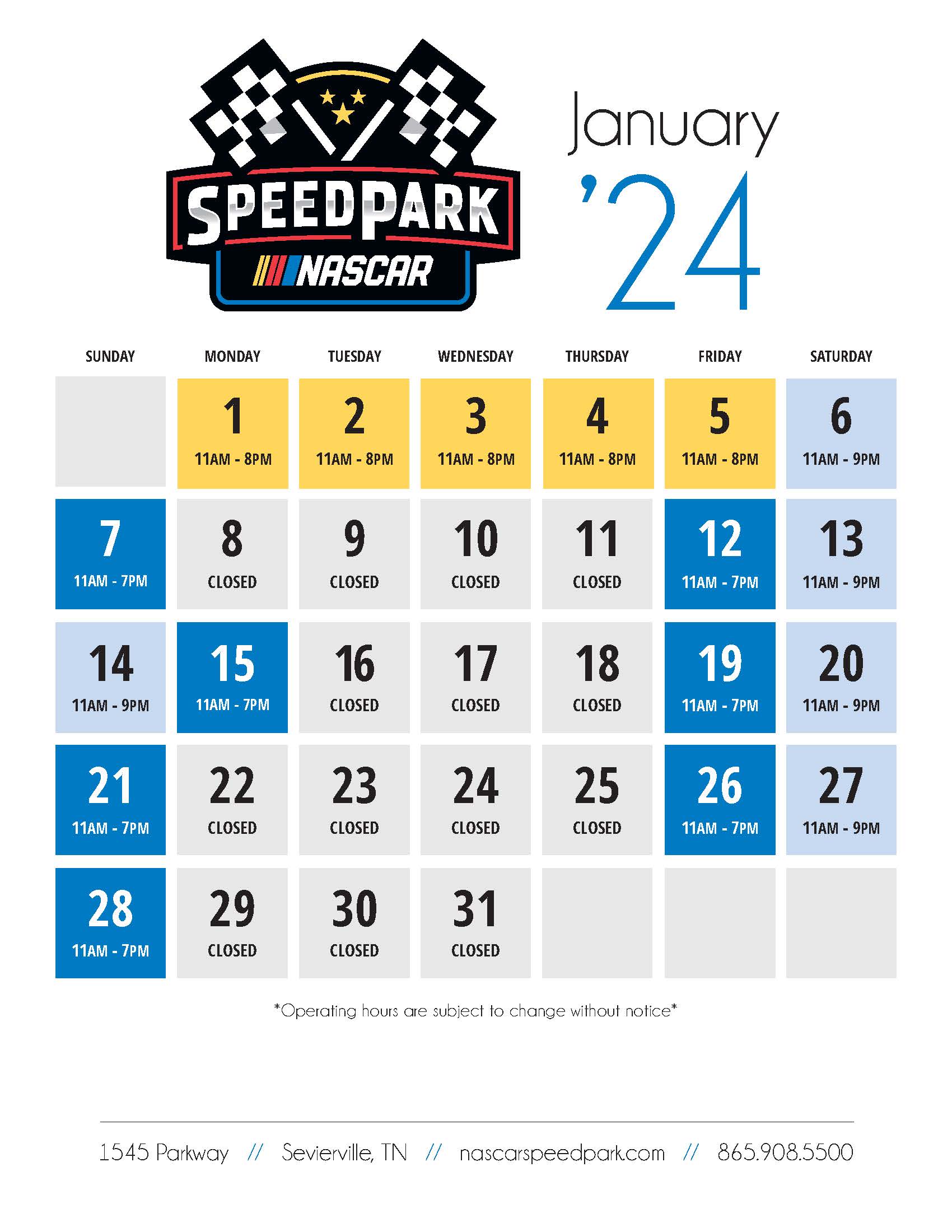 Operating Calendar NASCAR Speedpark