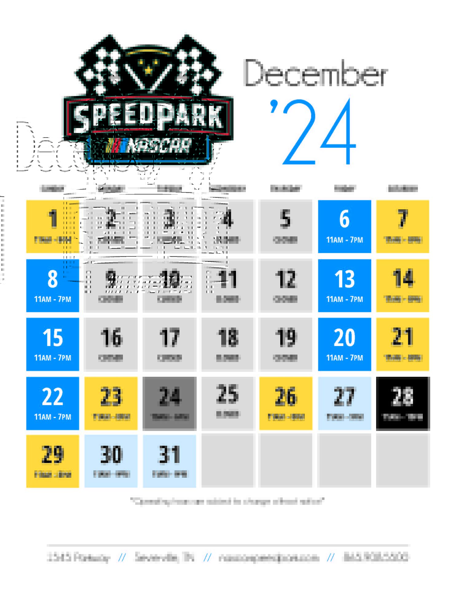 Operating Calendar NASCAR Speedpark