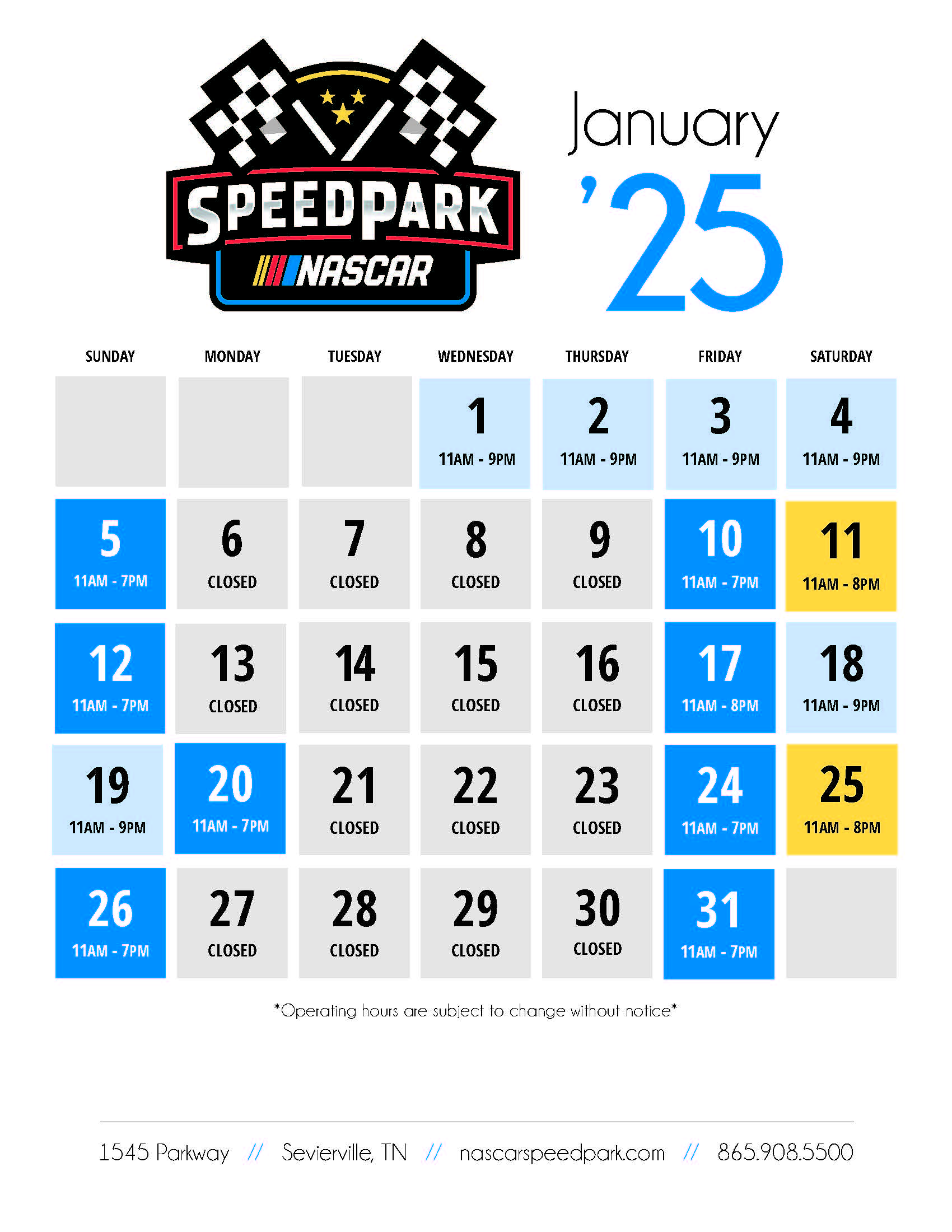 Operating Calendar - NASCAR Speedpark