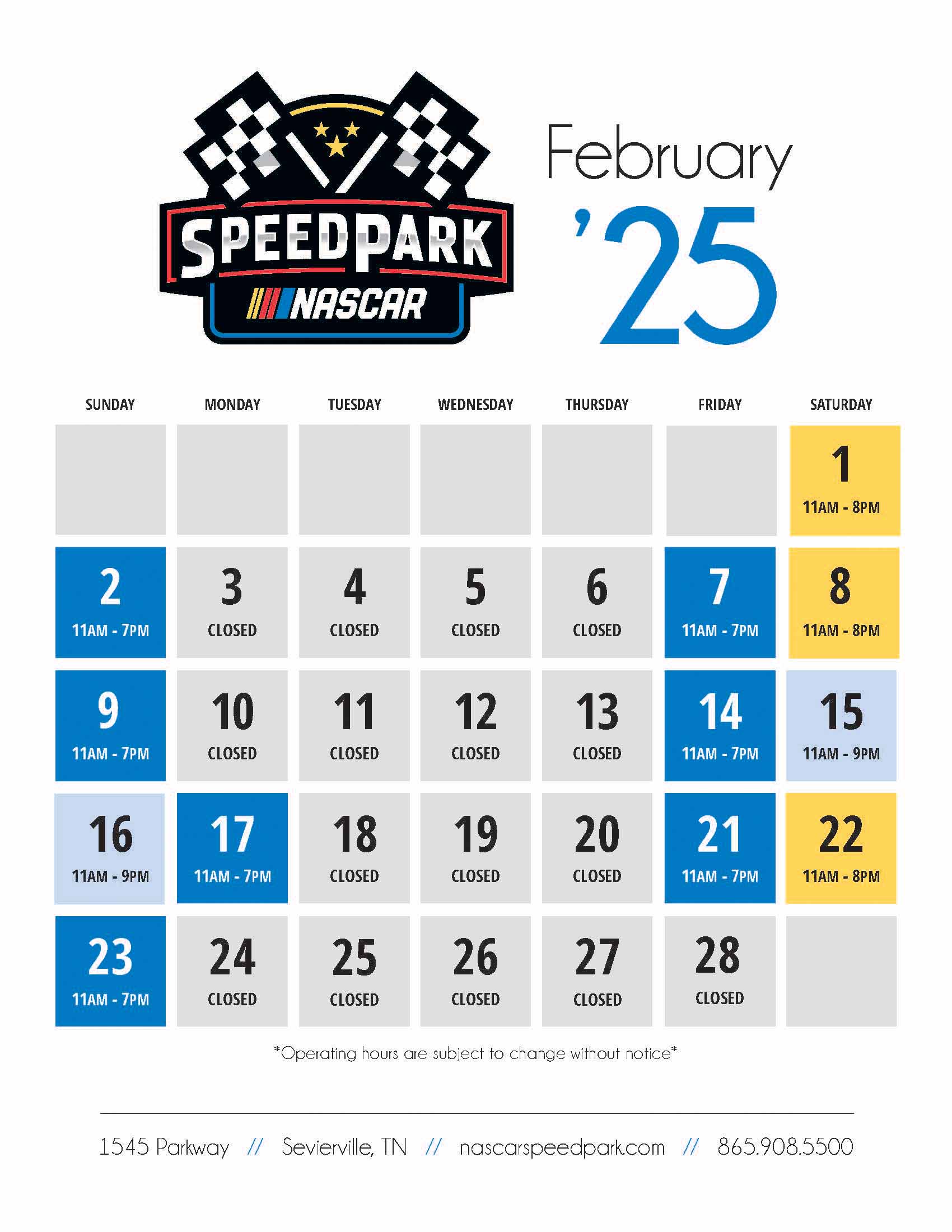 Operating Calendar - NASCAR Speedpark